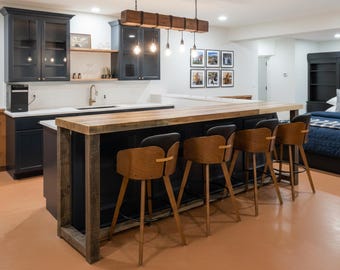 Custom Counter Height Table in Natural Reclaimed Wood | Hundreds of Dimensions | Wheel and Power Outlet Add-on Options