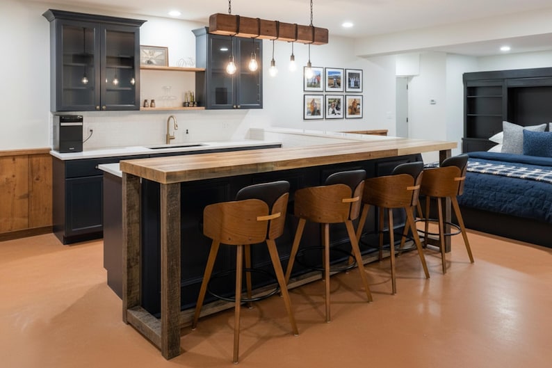 Custom Counter Height Table in Natural Reclaimed Wood | Hundreds of Dimensions | Wheel and Power Outlet Add-on Options image 1