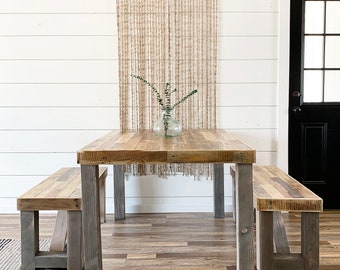 Farm Table and Bench Set in Natural Finish | 9 Size Options | Option for Table Only or 1 or 2 Benches | Farmhouse Style
