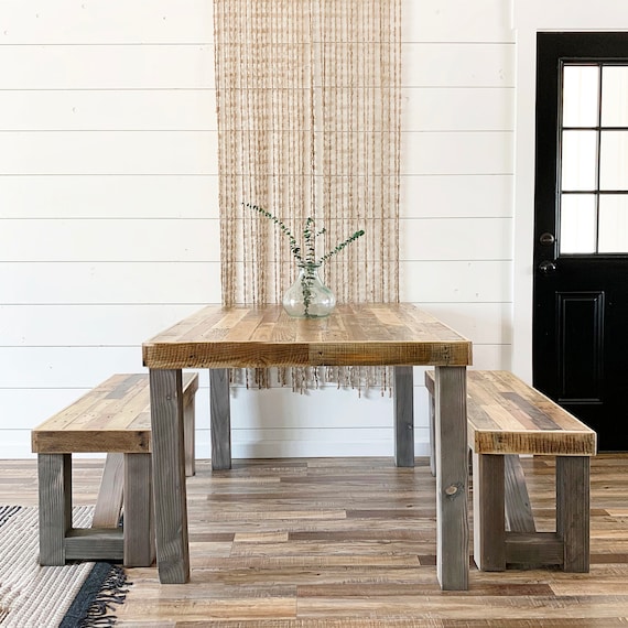 Reclaimed Wood Farm Table and Bench Set Rustic Dining Harvest