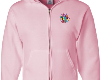 Hippie Sun Patch Pocket Print Yoga Full Zip Hoodie - 993-HIPPIE