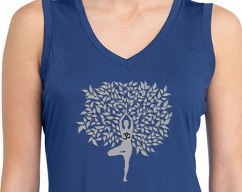 Grey Tree Pose Ladies Yoga Sleeveless Moisture Wicking Tee T-Shirt = LST352-GTREEPOSE