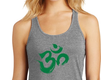 Green Brushstroke AUM Ladies Yoga Solid Gathered Racerback Tank Top = GREENBRUSH-DM420