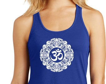 White Ornate OM Ladies Yoga Solid Gathered Racerback Tank Top = WHTORNATE-DM420