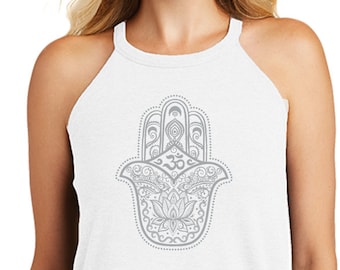 Yoga Shirt Hamsa Om Symbol Spiritual Meditation Shirt Mindfulness Yoga Top Women Boho Gift - Grey Print
