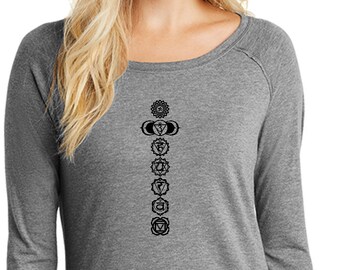 Schwarz 7 Chakren Damen Yoga Tri-Blend Langarm = BLKCHAK-DT132L
