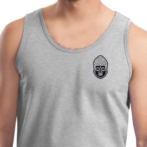 May include: A grey sleeveless tank top with a black Buddha face graphic on the left chest.