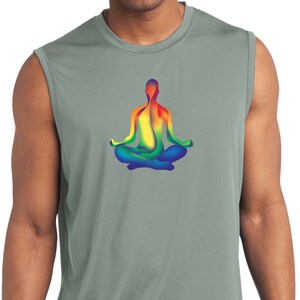 May include: A sleeveless athletic shirt in a light gray color with a rainbow-colored silhouette of a person sitting in a yoga pose. The shirt is made of a moisture-wicking fabric and is perfect for working out or relaxing.
