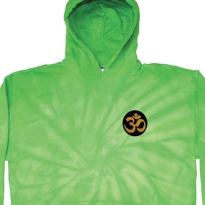 May include: A green tie-dye hoodie with a black and gold Om symbol on the front. The hoodie has a drawstring hood and a kangaroo pocket.