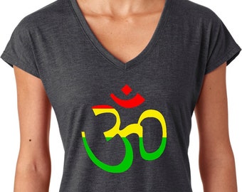 Rasta AUM Ladies Yoga Tri Blend V-Neck Tee Shirt = RASTAUM-6750VL