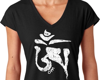 White Tibetan OM Ladies Yoga Tri Blend V-Neck Tee Shirt = WTIBETAN-6750VL
