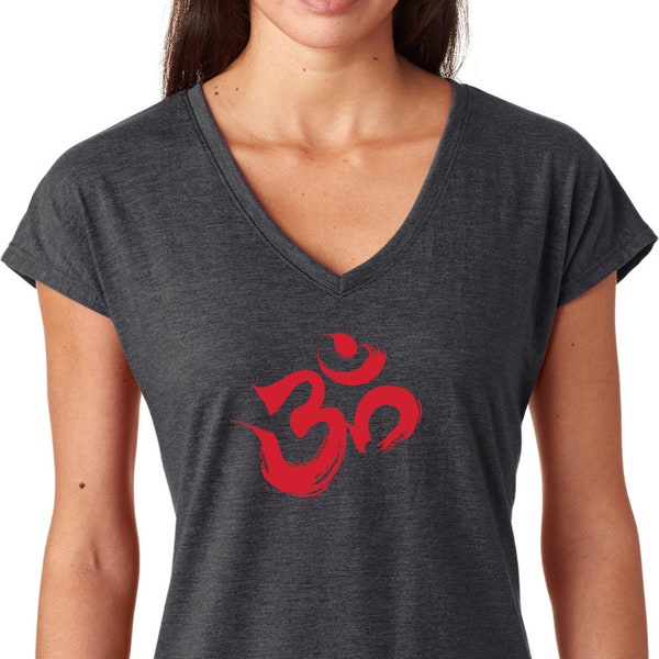 Red Brushstroke AUM Ladies Yoga Tri Blend V-Neck Tee Shirt = REDBRUSH-6750VL