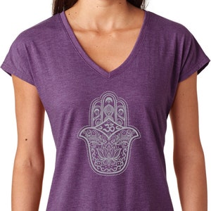 Grey Hamsa OM Ladies Yoga Tri Blend V-Neck Tee Shirt = GHAMOM-6750VL