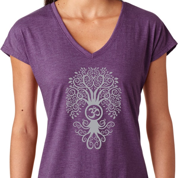 Grey Bodhi Tree of Life Ladies Yoga Tri Blend V-Neck Tee Shirt = GBODHI-6750VL