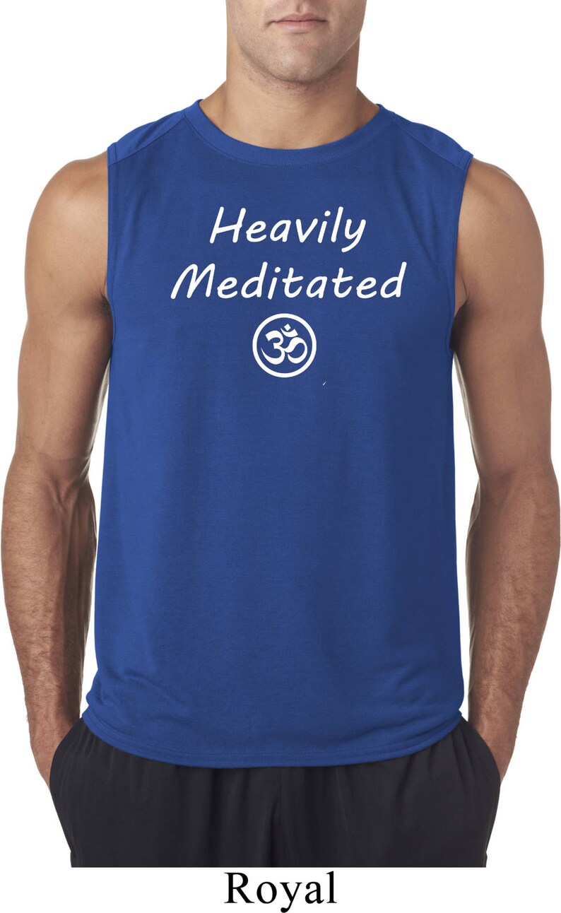 May include: A royal blue sleeveless shirt with the text "Heavily Meditated" and an Om symbol in white.