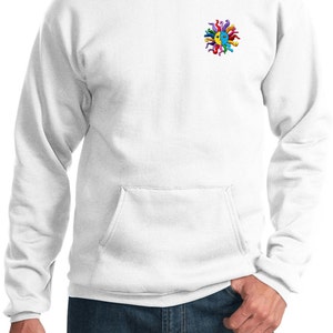 May include: White hooded sweatshirt with a colorful sun design on the left chest pocket.