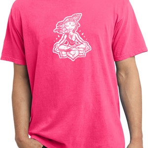 May include: A neon pink t-shirt with a white graphic of a person meditating in a lotus flower.