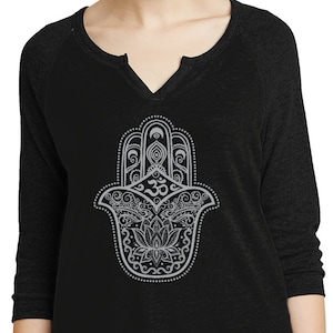 Grey Hamsa OM Ladies Yoga 3/4 Sleeve Vintage Tee Shirt = GHAMOM-AA5060