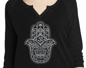 Grey Hamsa OM Ladies Yoga 3/4 Sleeve Vintage Tee Shirt = GHAMOM-AA5060