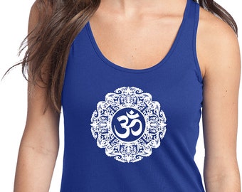Blanc fleuri OM dames Yoga Racer débardeur dos = WHTORNATE-DT237