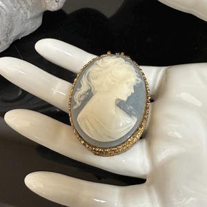 May include: Oval cameo brooch featuring a profile of a woman with flowing hair. The cameo is set against a light blue background, framed by a gold-colored, ornate border. The brooch is held in a white hand.