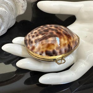 May include: A small, round trinket box with a shell-like design. The box features a hinged lid and a gold-colored metal rim. The shell pattern is a mix of brown and tan, with a glossy finish. The box is held in a white ceramic hand.