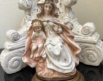 Vintage Ardalt Lenwile China Madonna Child Figurine with Pedestal Base – Bisque Porcelain Statue Japan