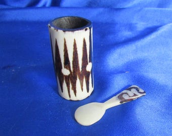 Black and White Hand-carved Bone Salt Pot & Spoon