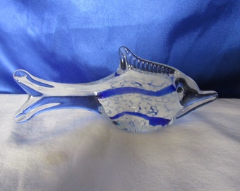 Murano Glass Fish Paperweight White with Blue Stripes