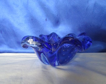 Vintage Blue Controlled Bubble Bowl 4 Leaf Clover Shape