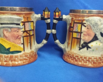 Pair of Handpainted Sandland Lanchaster character pottery Tankards ,