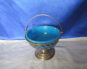 Vintage Light Blue Glass Sugar Bowl in a Silver Plated Pierced Basket with Handle