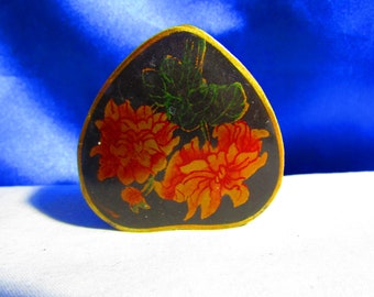 Vintage Lacquered Paper Mache Heart Shaped Trinket Box, Hibiscus Flowers Design, Red Velvet Lined