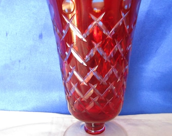 Vintage Czech Ruby Red Madesk Bohemian Cut Glass Vase