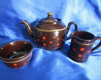 Vintage Teapot, Sugar Bowl and Jug, in Brown Decorated with Vermilion Red Poker Dots and Gilding