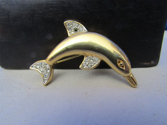 Vintage Gold Tone Leaping Dolphin Brooch Diamant Set Fins Pin