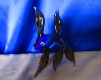 Vintage Murano Glass Fan Tailed Fish in Blue & Yellow