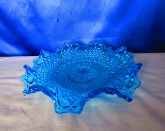 Vintage Sowerby Turquoise Hobnail and Button Pressed Glass Dish with Fluted Edge, Pattern No2266