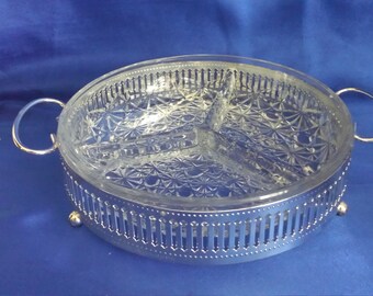 Glass serving dish 3 sections hors d'oeuvre with silver plated stand