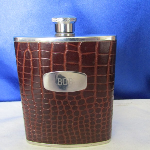 Vintage Stainless Steel 6oz Hip Flask, Covered in Crocodile Style Brown Leather, by Marlborough, Engraved Bob