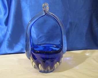 Art Deco Cobalt Blue Glass Basket Vase