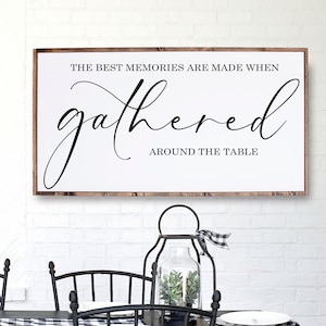 May include: A rectangular wooden sign with the text "THE BEST MEMORIES ARE MADE WHEN gathered AROUND THE TABLE" in black script. The sign is displayed above a black dining table set for a meal. A green wreath hangs on a window.