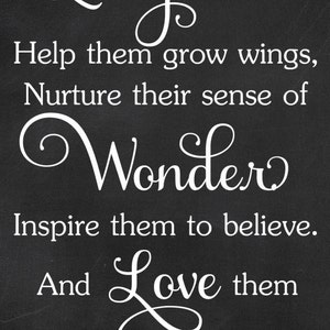 May include: Black chalkboard-style print with white script text. The text reads "I will let them be little. Fill their hearts with Laughter. Help them grow wings, Nurture their sense of Wonder..." and more.
