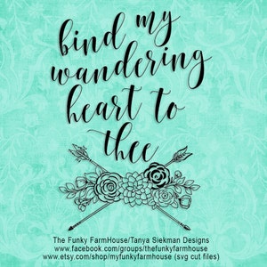 Puede incluir: Fondo turquesa con un patrón floral y el texto "find my wandering heart to thee" en elegante escritura negra. Debajo, dos flechas cruzadas y un diseño floral. The Funky FarmHouse/Tanya Siekman Designs.