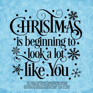 Puede incluir: Un fondo azul claro con un patrón floral presenta el texto negro "CHRISTMAS is beginning to look a lot like You". Los copos de nieve y puntos decorativos rodean el texto, creando un diseño festivo de vacaciones.