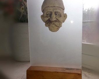 Druze farmer, Ceramic artwork, Unique, one of a kind. Clay sculpture on a wood base