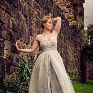 New Margarita Runway Ivory and Grey French Lace & Tulle Full Length A-line dress Size M