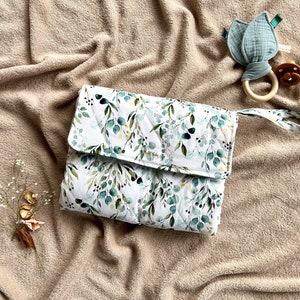 Portable Changing Pad, Organic muslin, Travel changing mat, Waterproof and Portable Baby Nappy Change Mat, Eucalyptus baby gift image 1