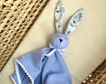 Baby animal lovey, Personalised baby comforter, Bunny baby shower gift, Organic muslin first baby toy