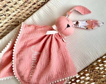Edredón de bebé de muselina orgánica melocotón suave, regalo de niña personalizado, Animal Baby Bunny lovey girl, primer juguete de bebé, regalo de Baby shower